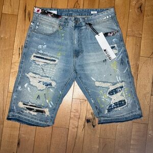 Men's First Row Blue Jean Distressed Cargo Shorts Size 34